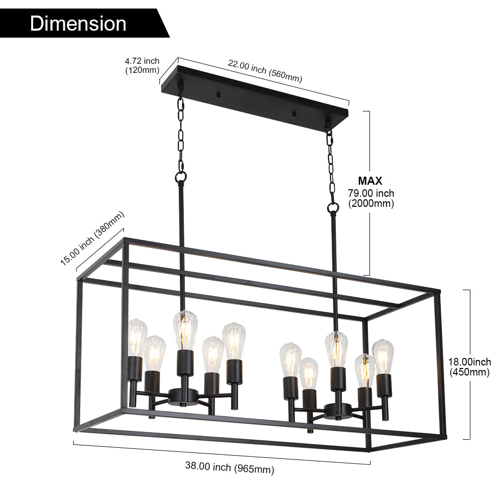 VINLUZ 10 Lights Kitchen Island Pendant Lighting Black Farmhouse Industrial Chandelier