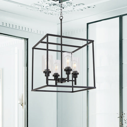 VINLUZ 4 Light Hanging Lantern Pendant Light Black Industrial Cage Chandelier with Clear Glass Shade