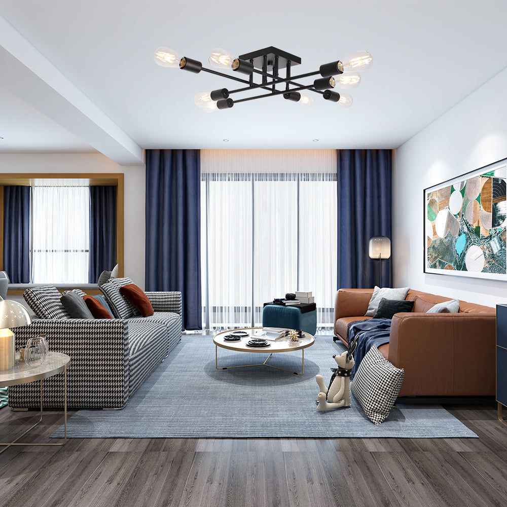 8 Light VINLUZ Black Mid Century Vintage Semi Flush Mount Ceiling Light