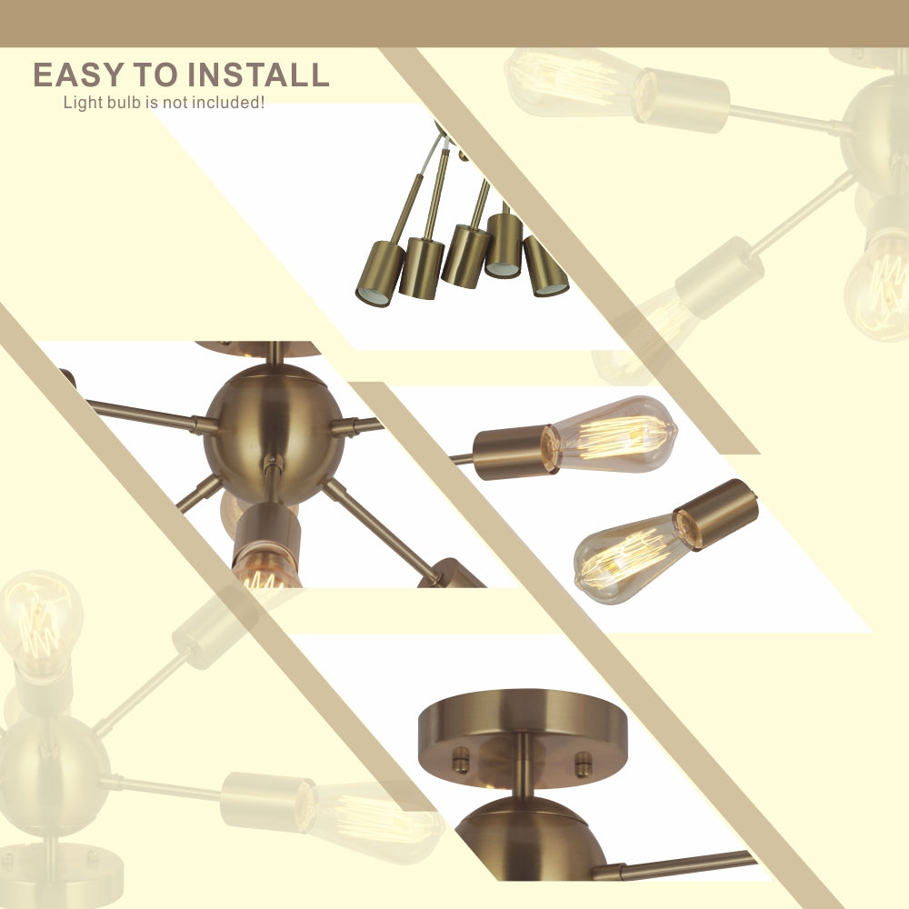 VINLUZ Sputnik Chandelier Lighting 6 Lights Brass Modern Ceiling Light