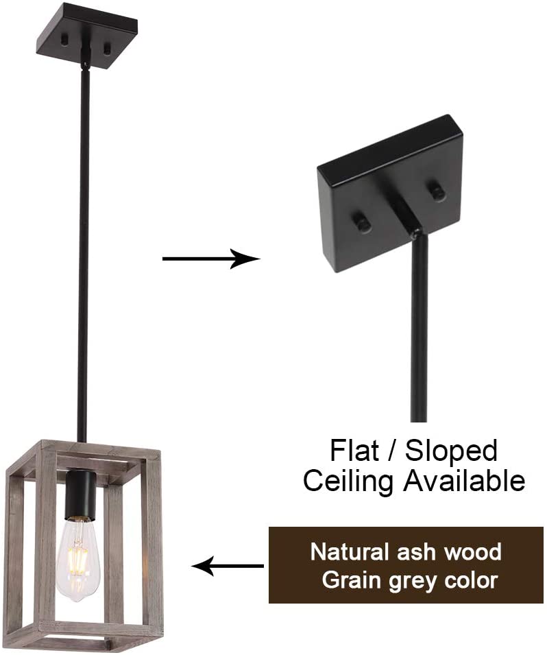 VINLUZ Kitchen Island 1-Light Fixture Farmhouse Wood Accents Frame Pendant Square