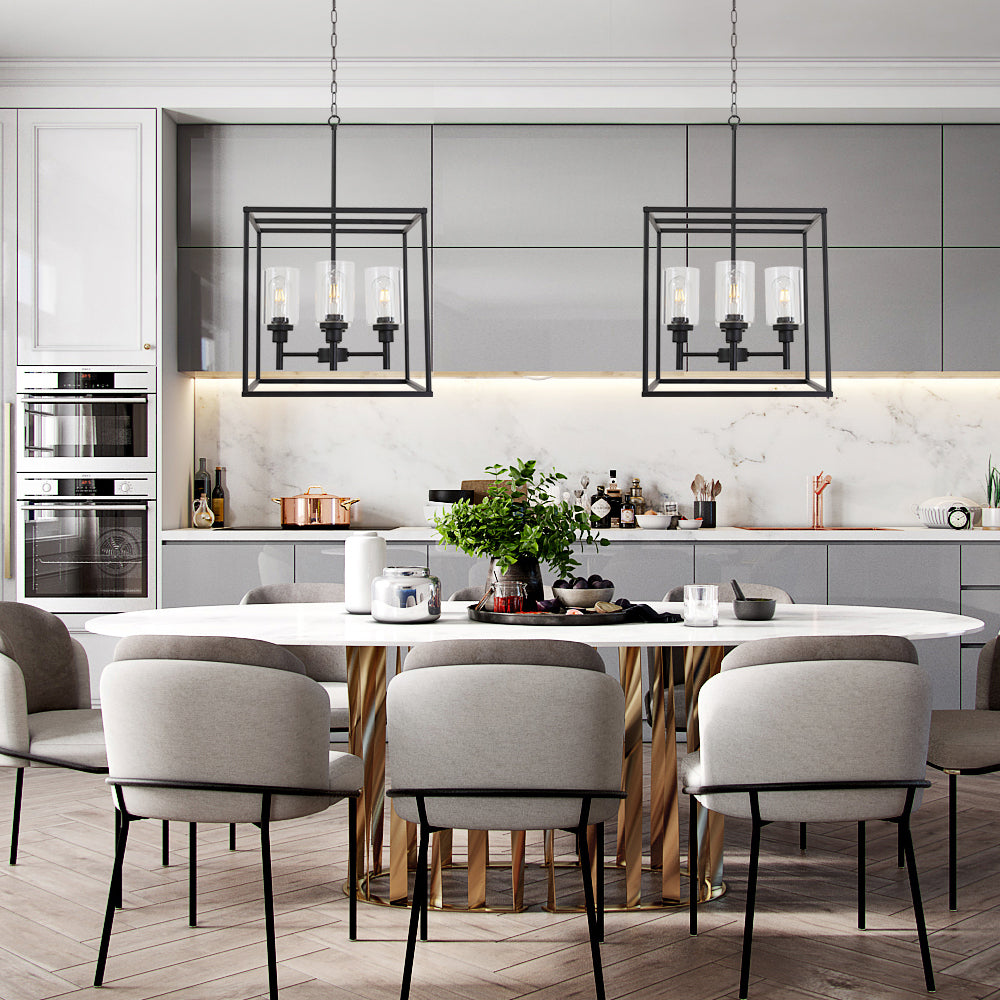 VINLUZ 4 Light Hanging Lantern Pendant Light Black Industrial Cage Chandelier with Clear Glass Shade