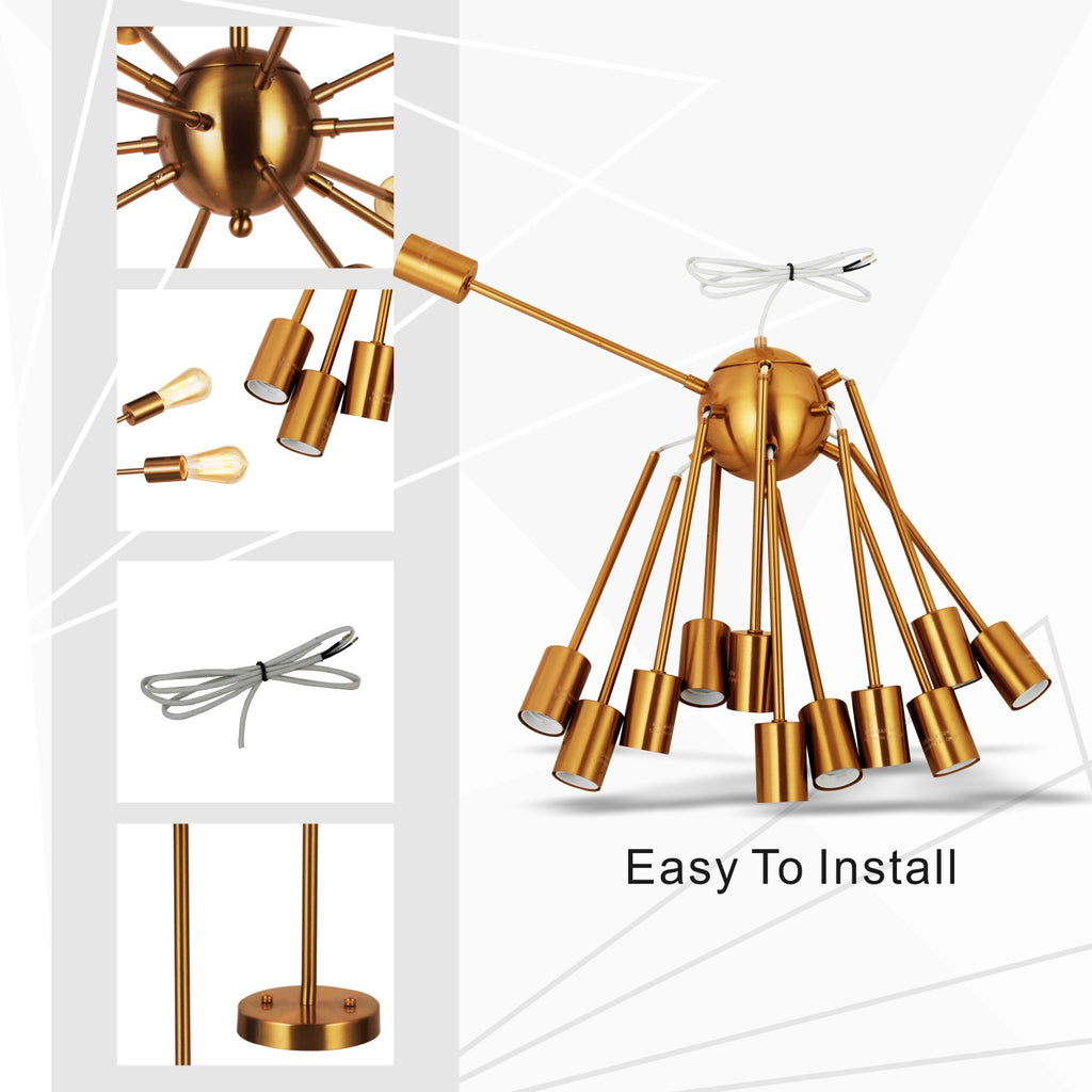 VINLUZ Modern Pendant Lighting 12 Lights Brushed Brass Starburst