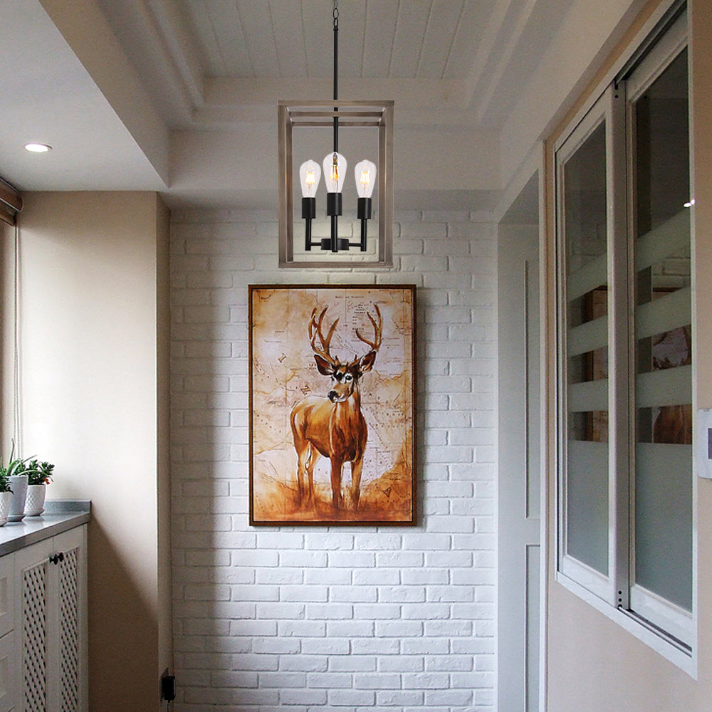 VINLUZ 3 Light Farmhouse Chandelier Pendant Lamp Black Wood Frame Accents Hanging Flush Mount Ceiling Light Simply Decoration for Dining Room Foyer Kitchen Bar