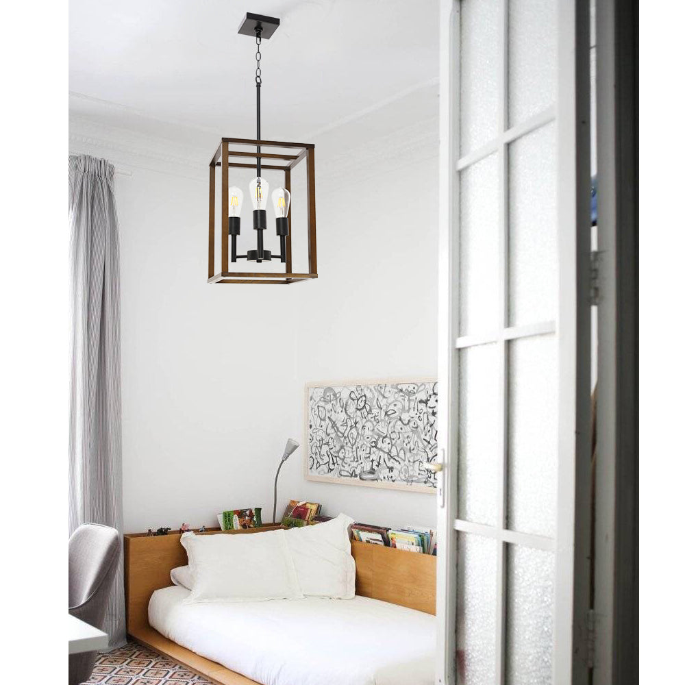 3 Light VINLUZ Wood Metal Chandelier Rustic Industrial Pendant Lighting Dark Walnut with Wood Frame Hanging Light Fixture Adjustable Chain for Kitchen Island Foyer Dining Room