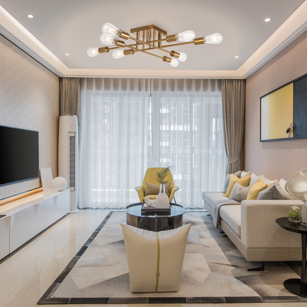 VINLUZ Modern Semi Flush Mount Light 8 Light Brushed Brass