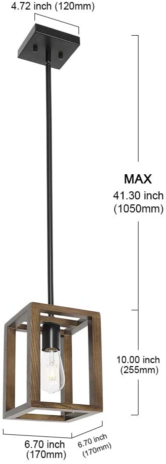 VINLUZ 1-Light Wood Pendant Lighting Rustic Style Black Walnut Natural Wooden Frame