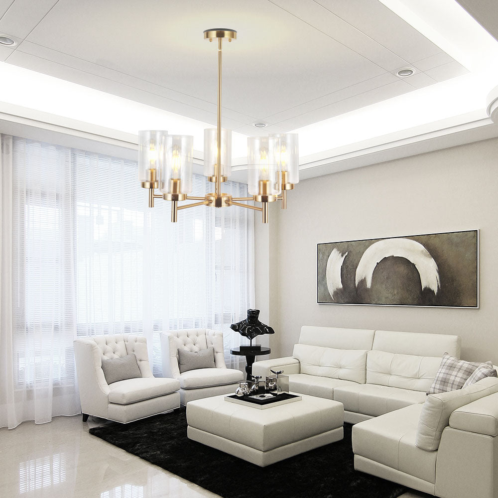 VINLUZ Contemporary 5-Light Large Chandelier Modern Clear Glass Shades Brushed Brass