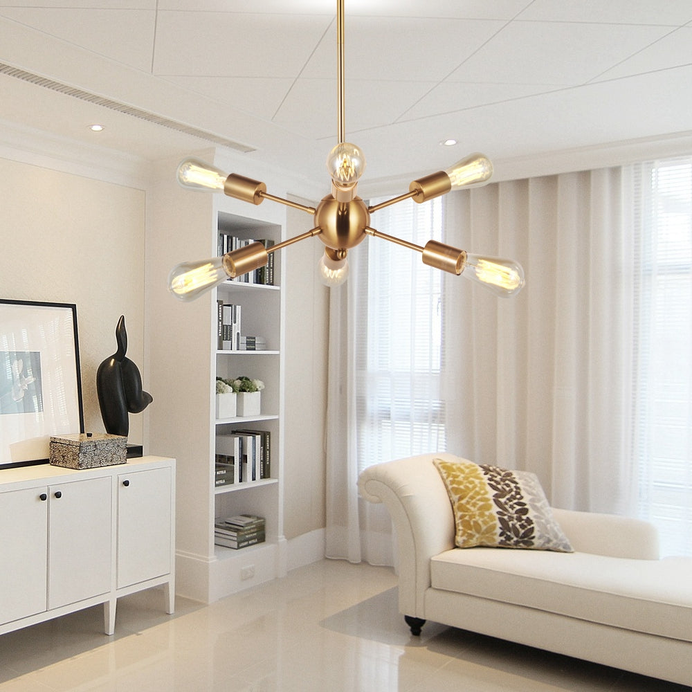 VINLUZ Modern Sputnik Chandelier 6 Lights Italian Designed Brushed Brass