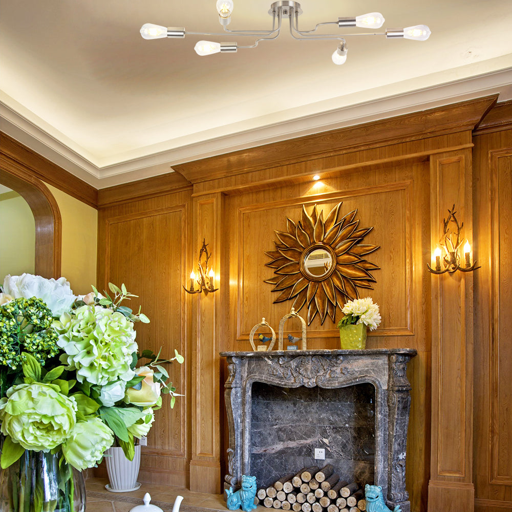 VINLUZ 6 Lights Semi Flush Mount Ceiling Light Vintage Metal Brushed Nickel