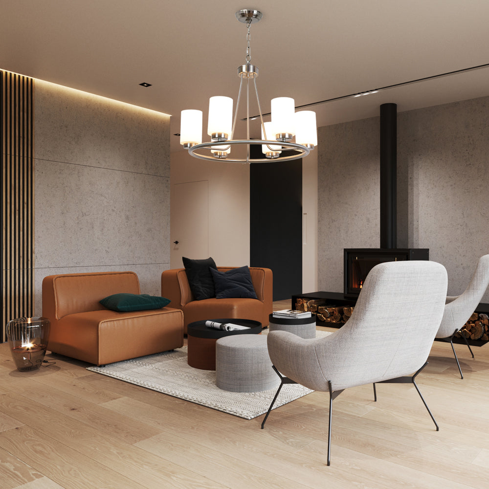 VINLUZ 6 Light Farmhouse Brushed Nickel Round Chandelier with Opal White Cylinder Glass Shades