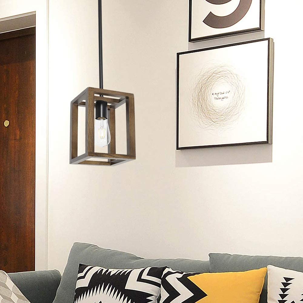 VINLUZ 1-Light Wood Pendant Lighting Rustic Style Black Walnut Natural Wooden Frame