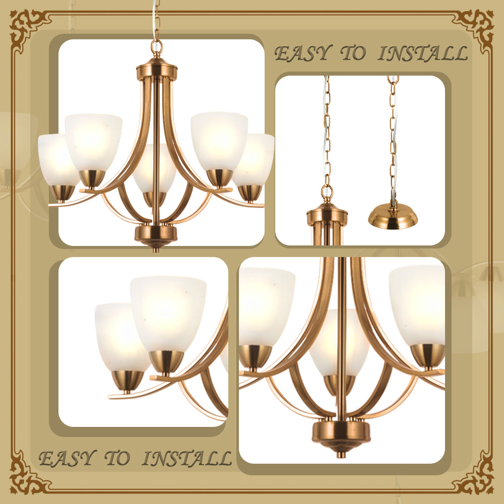VINLUZ 5 Light Contemporary Chandeliers Brushed Brass Modern Ceiling Light Fixtures