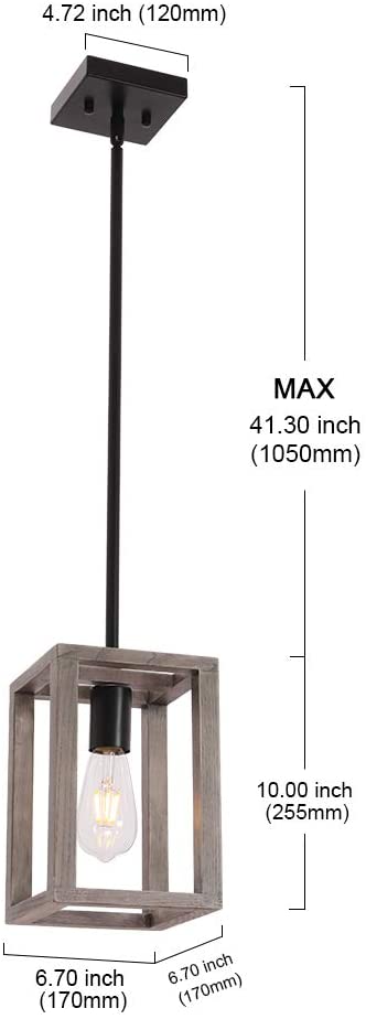 VINLUZ Kitchen Island 1-Light Fixture Farmhouse Wood Accents Frame Pendant Square