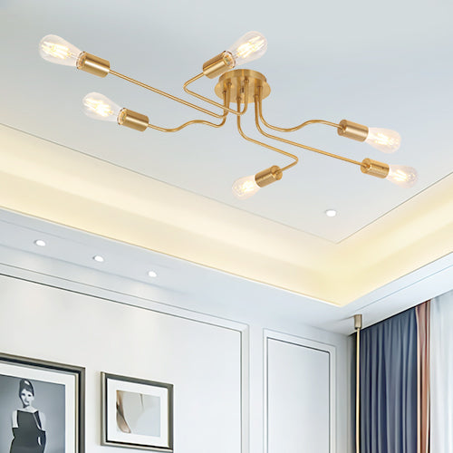 VINLUZ 6 Lights Semi Flush Mount Ceiling Light Modern Metal Art Brushed Brass
