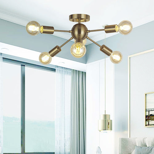VINLUZ Sputnik Chandelier Lighting 6 Lights Brass Modern Ceiling Light