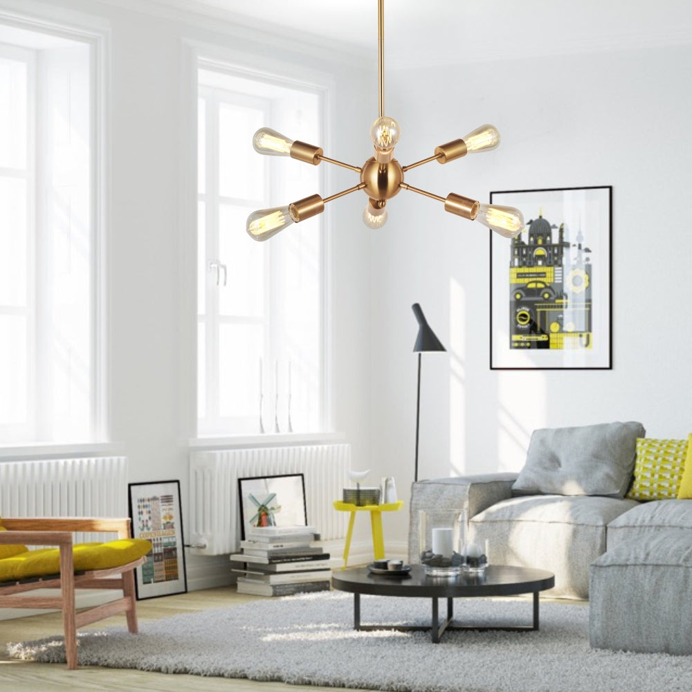 VINLUZ Modern Sputnik Chandelier 6 Lights Italian Designed Brushed Brass