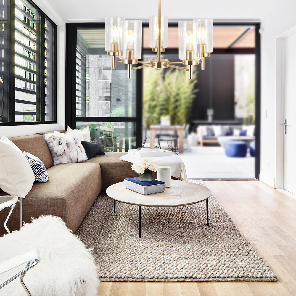 VINLUZ Contemporary 5-Light Large Chandelier Modern Clear Glass Shades Brushed Brass