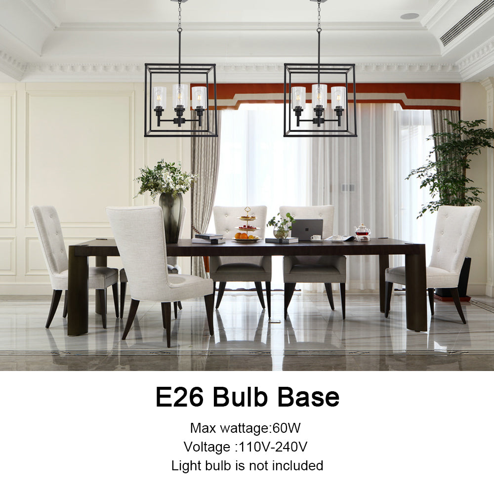 VINLUZ 4 Light Hanging Lantern Pendant Light Black Industrial Cage Chandelier with Clear Glass Shade