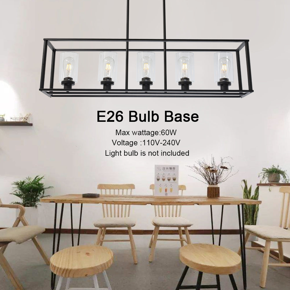 5 Light VINLUZ Modern Linear Kitchen Island Chandelier Black Finish with Clear Glass Shade Cage Pendant Ligh Hanging