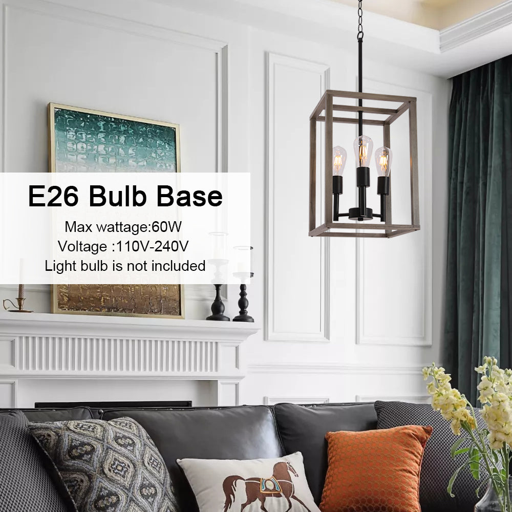 VINLUZ 3 Light Farmhouse Chandelier Pendant Lamp Black Wood Frame Accents Hanging Flush Mount Ceiling Light Simply Decoration for Dining Room Foyer Kitchen Bar