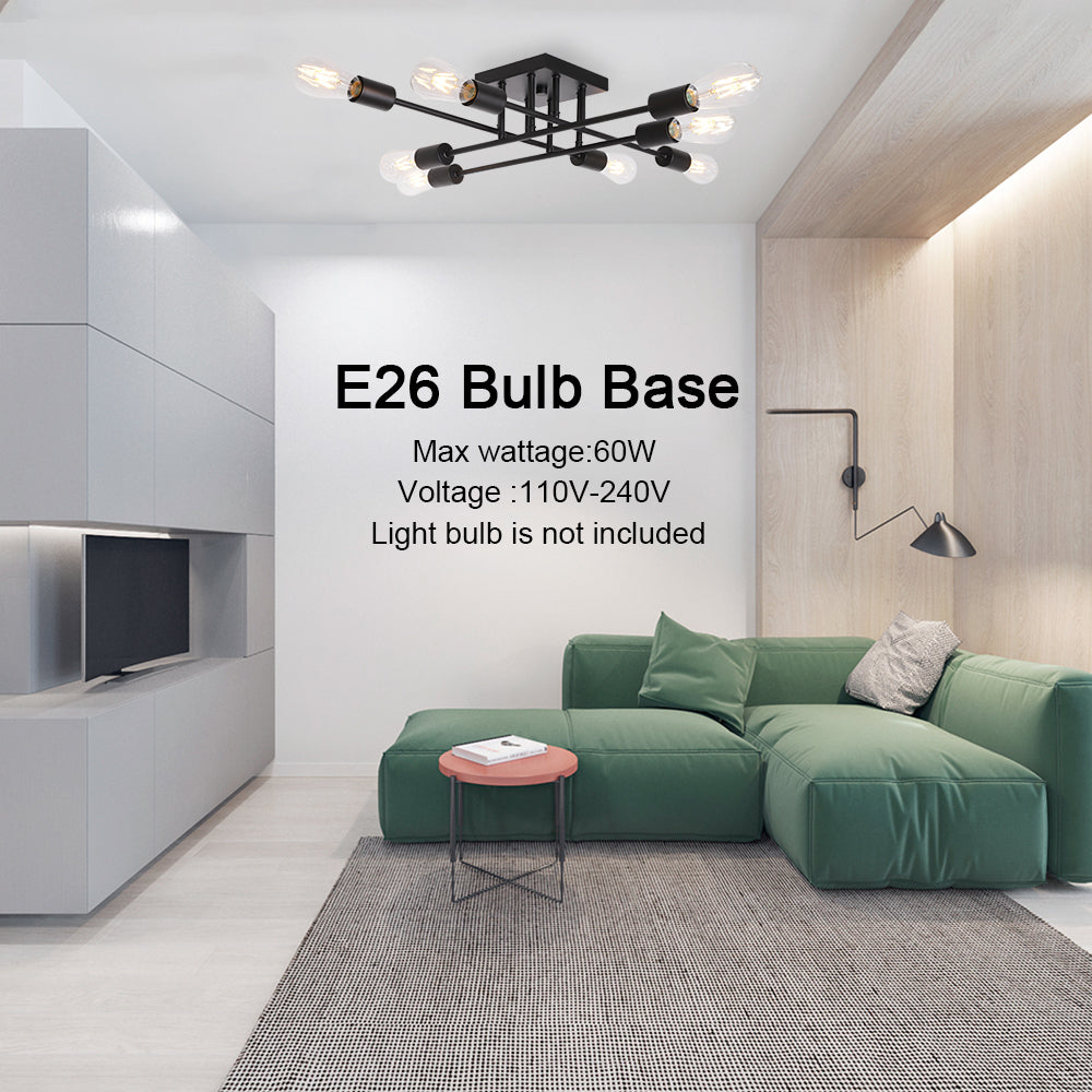 8 Light VINLUZ Black Mid Century Vintage Semi Flush Mount Ceiling Light