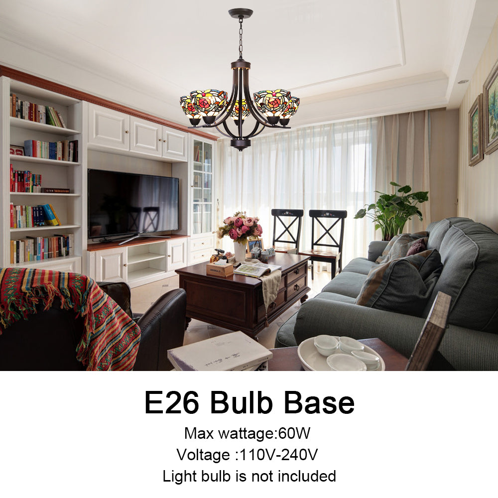 VINLUZ 5 Light Tiffany Chandeliers Lighting Victorian Antique 7-inch Stained Glass Shaded Bronze