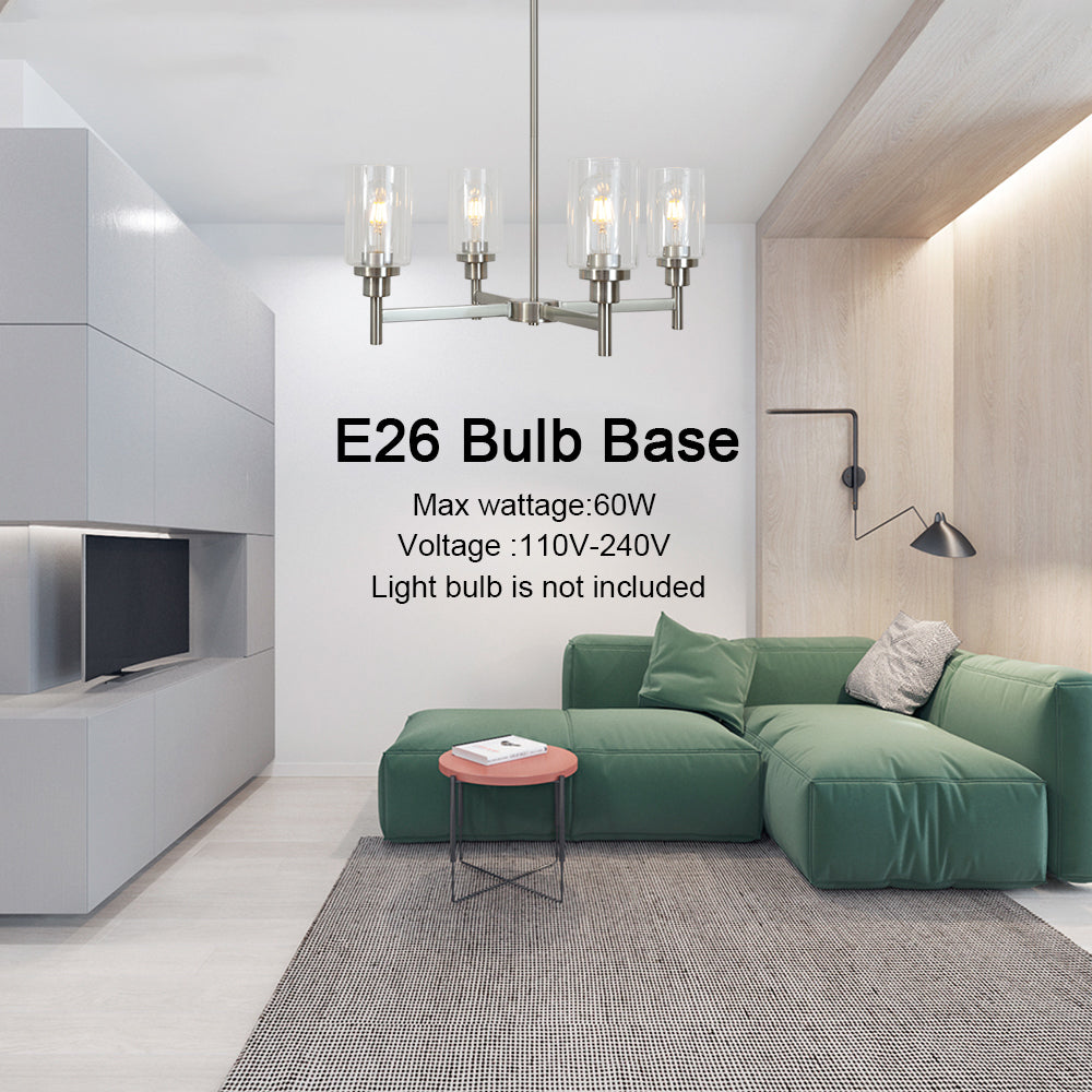 4 Light VINLUZ Modern Chandelier Brushed Nickel Clear Glass Shades