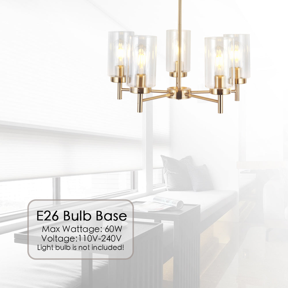 VINLUZ Contemporary 5-Light Large Chandelier Modern Clear Glass Shades Brushed Brass