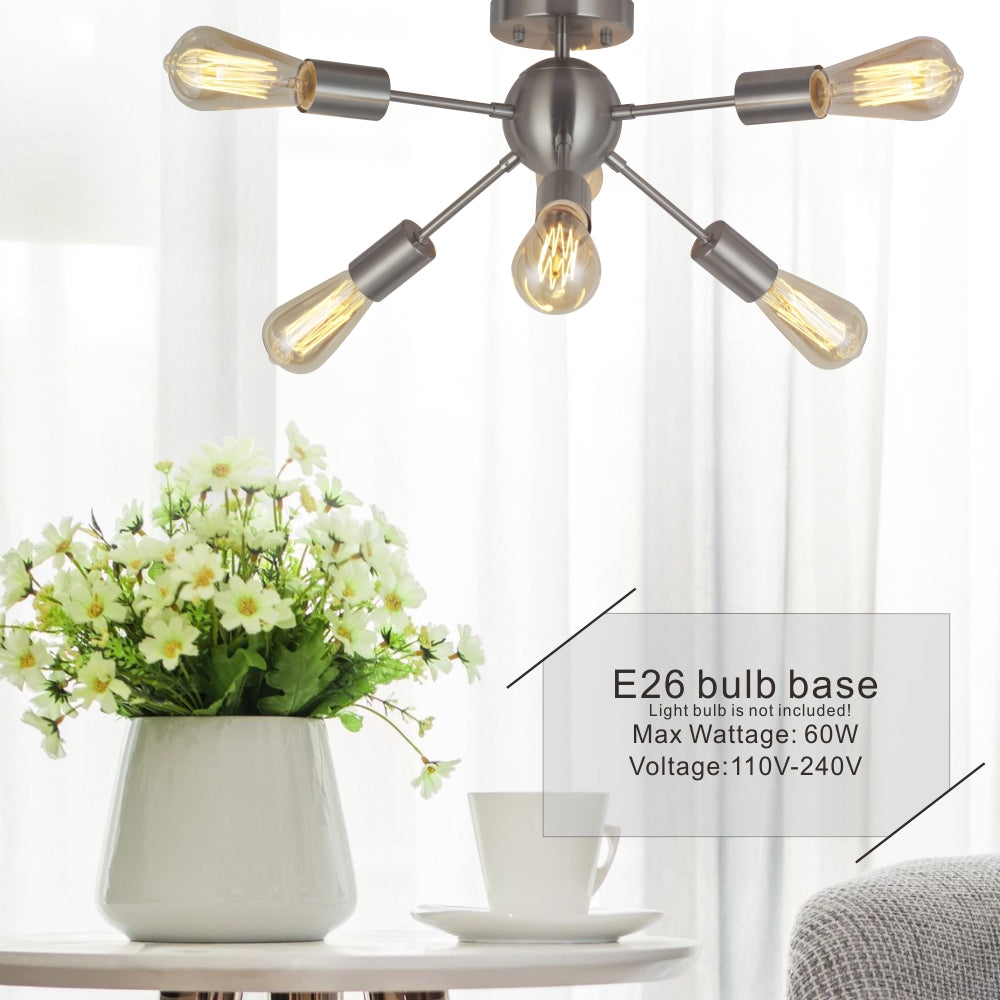 VINLUZ 6 Light Modern Sputnik Ceiling Light Brushed Nickel
