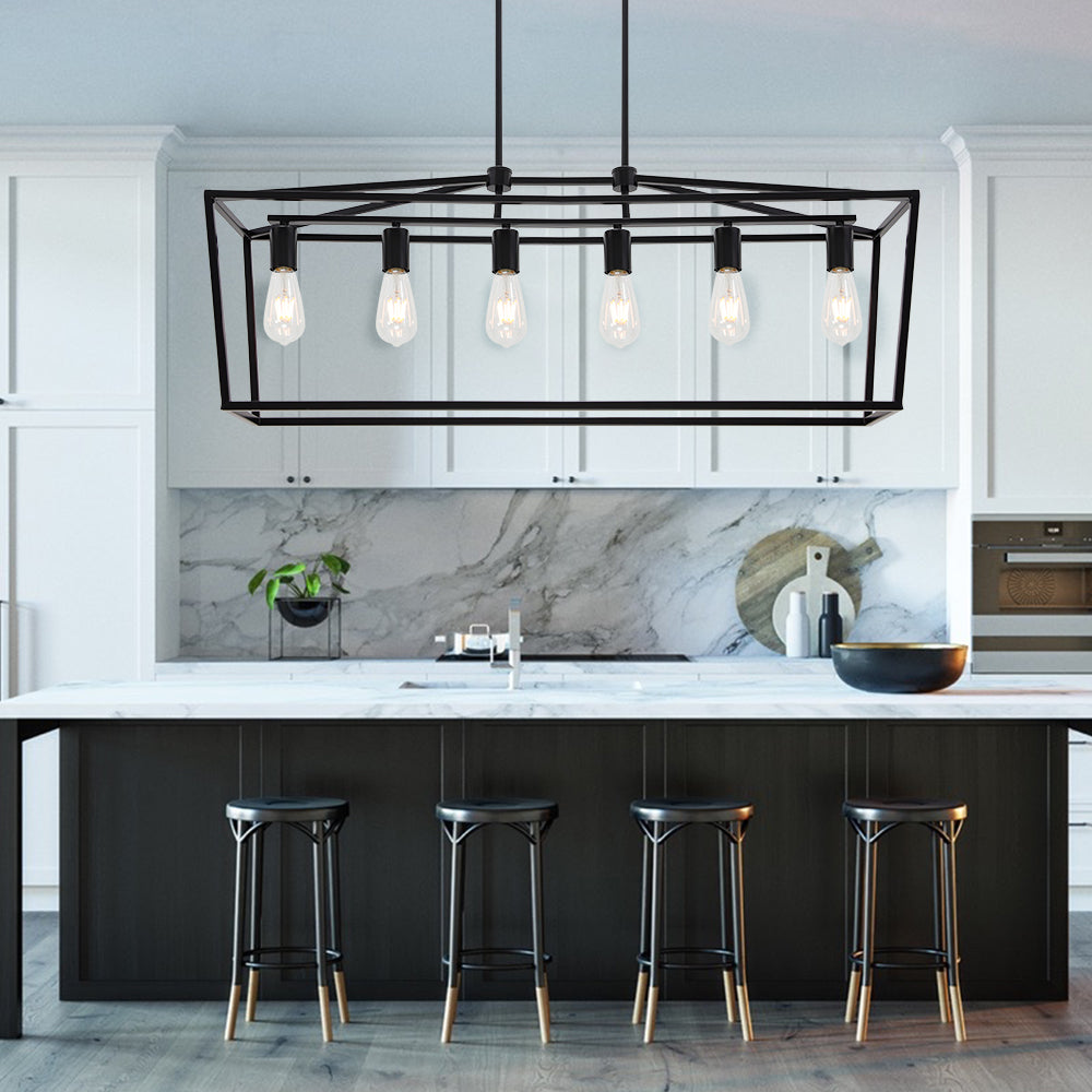 6 Light Farmhouse Kitchen Island Dining Room Chandelier Matte Black Metal