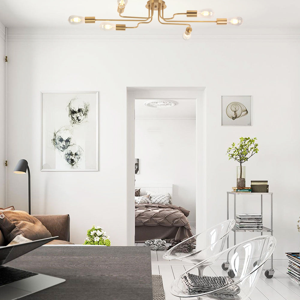 VINLUZ 6 Lights Semi Flush Mount Ceiling Light Modern Metal Art Brushed Brass