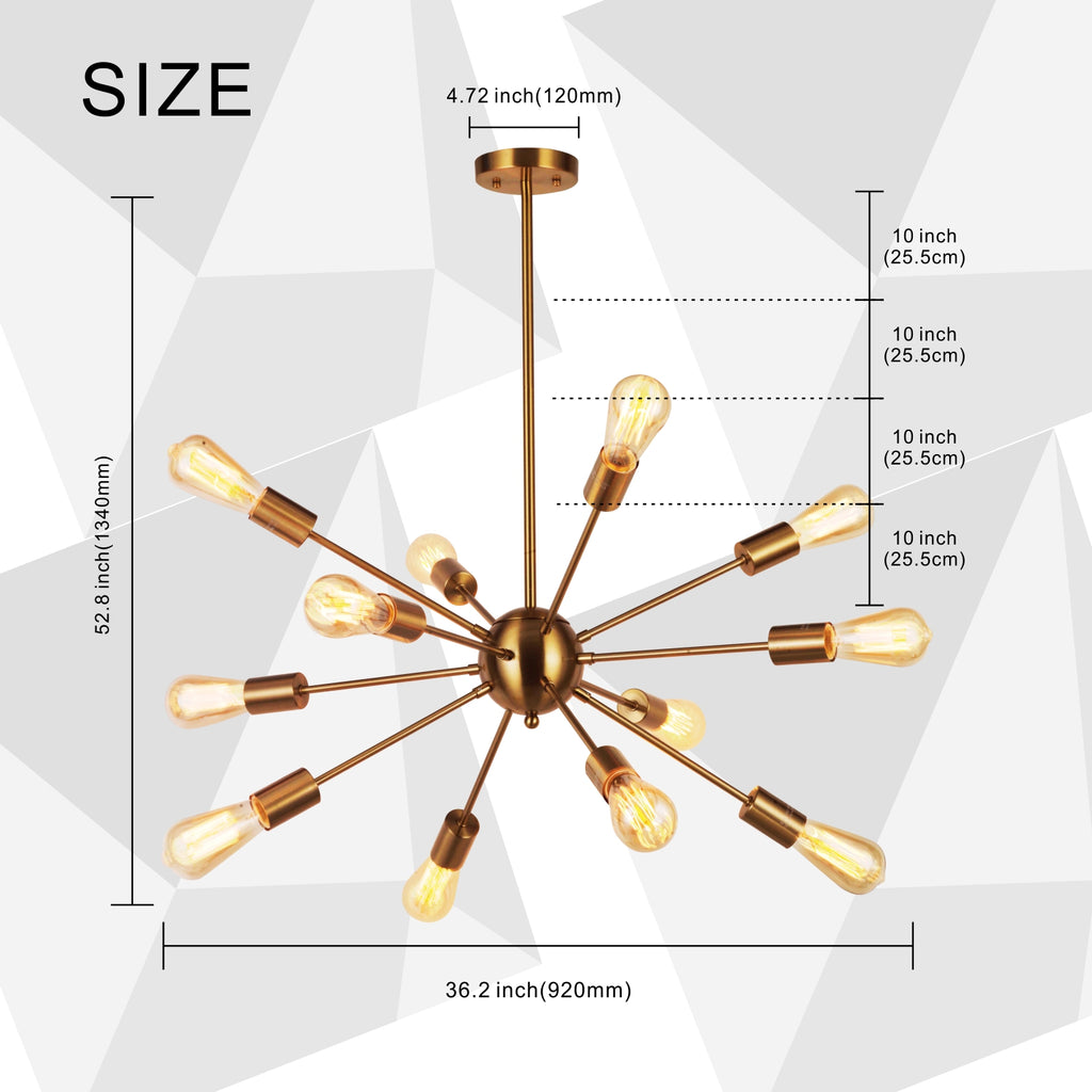 VINLUZ Modern Pendant Lighting 12 Lights Brushed Brass Starburst