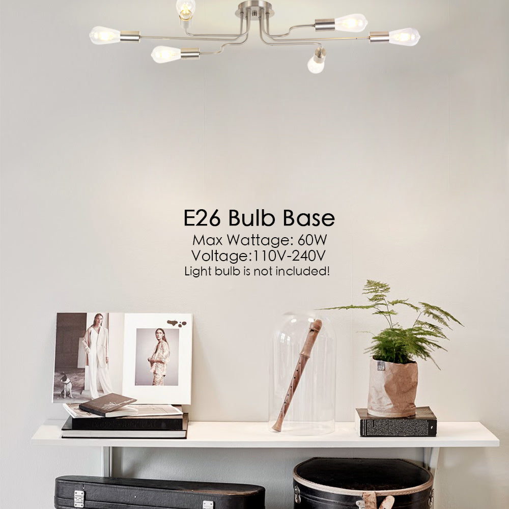 VINLUZ 6 Lights Semi Flush Mount Ceiling Light Vintage Metal Brushed Nickel