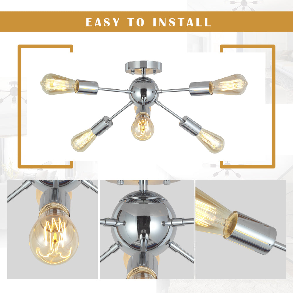 VINLUZ Sputnik Chandelier Lighting 6 Lights Chrome Modern Ceiling Light