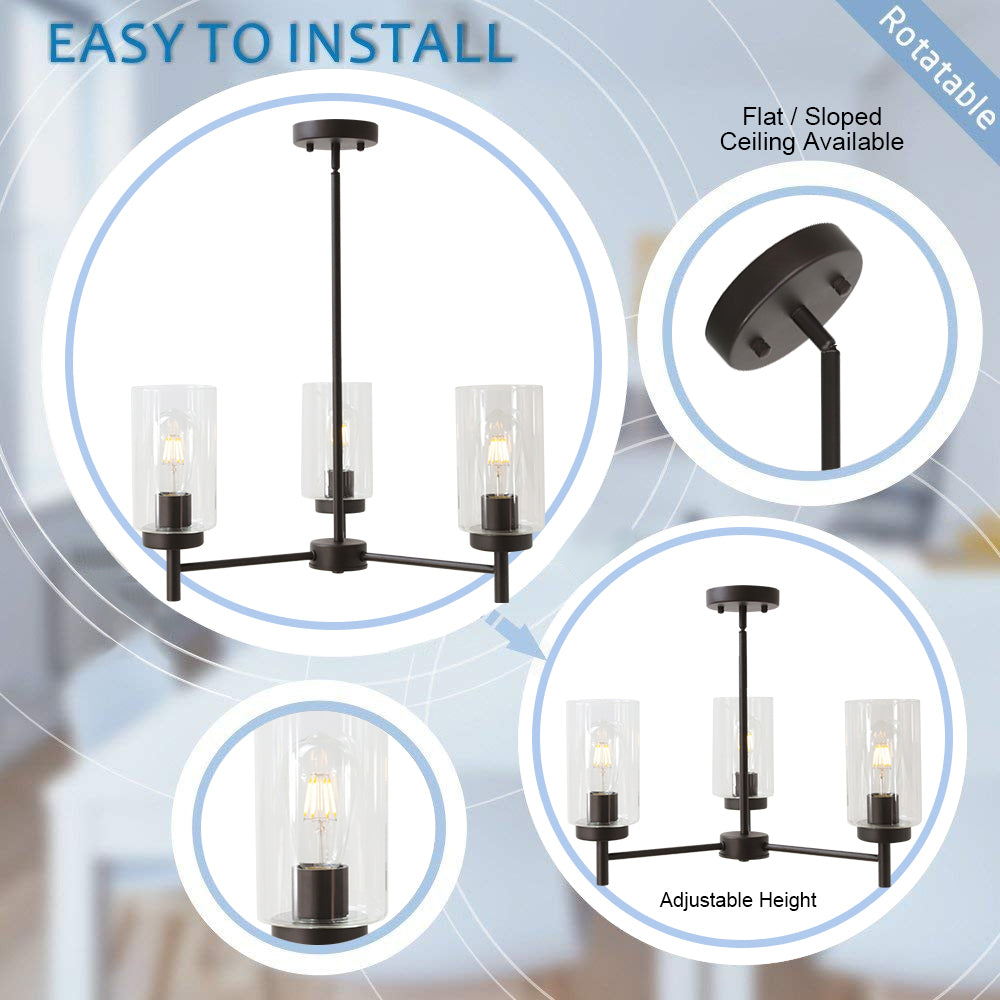 VINLUZ Contemporary 3-Light Chandeliers Rustic Clear Glass Shades Pendant Lighting Oil Rubber Bronze