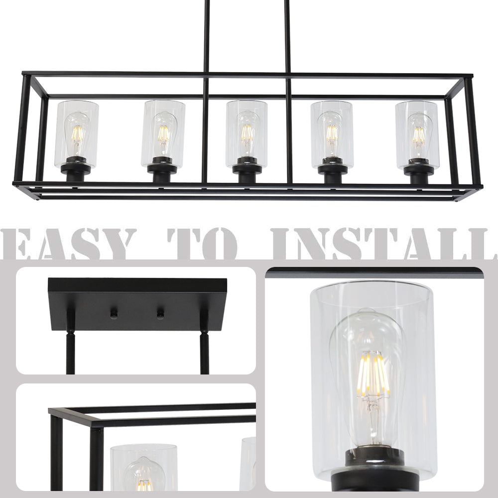 5 Light VINLUZ Modern Linear Kitchen Island Chandelier Black Finish with Clear Glass Shade Cage Pendant Ligh Hanging