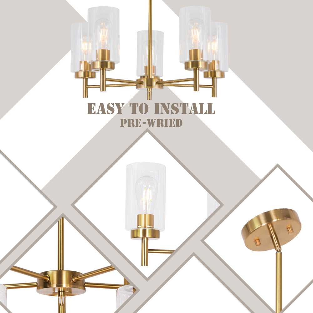 VINLUZ Contemporary 5-Light Large Chandelier Modern Clear Glass Shades Brushed Brass