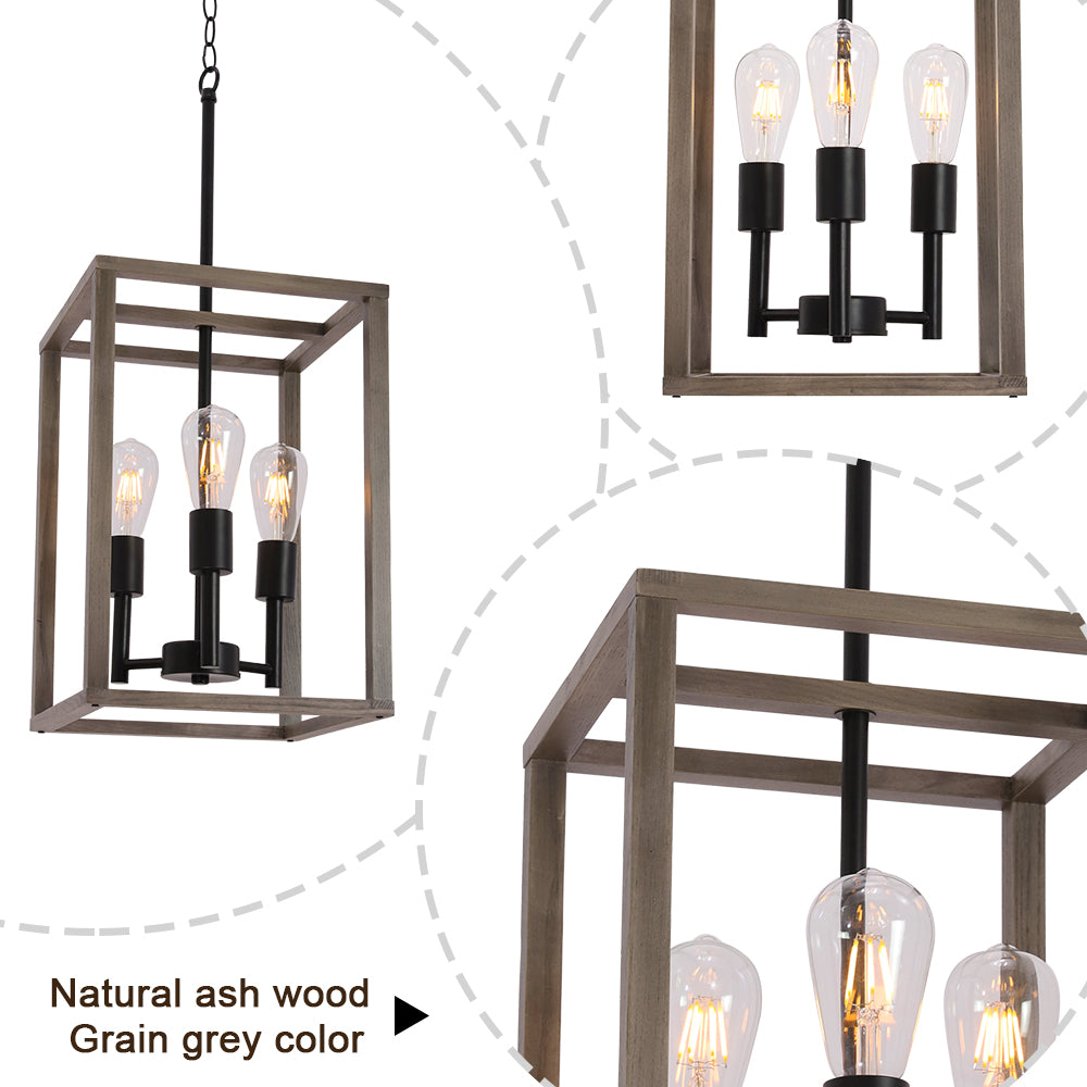 VINLUZ 3 Light Farmhouse Chandelier Pendant Lamp Black Wood Frame Accents Hanging Flush Mount Ceiling Light Simply Decoration for Dining Room Foyer Kitchen Bar