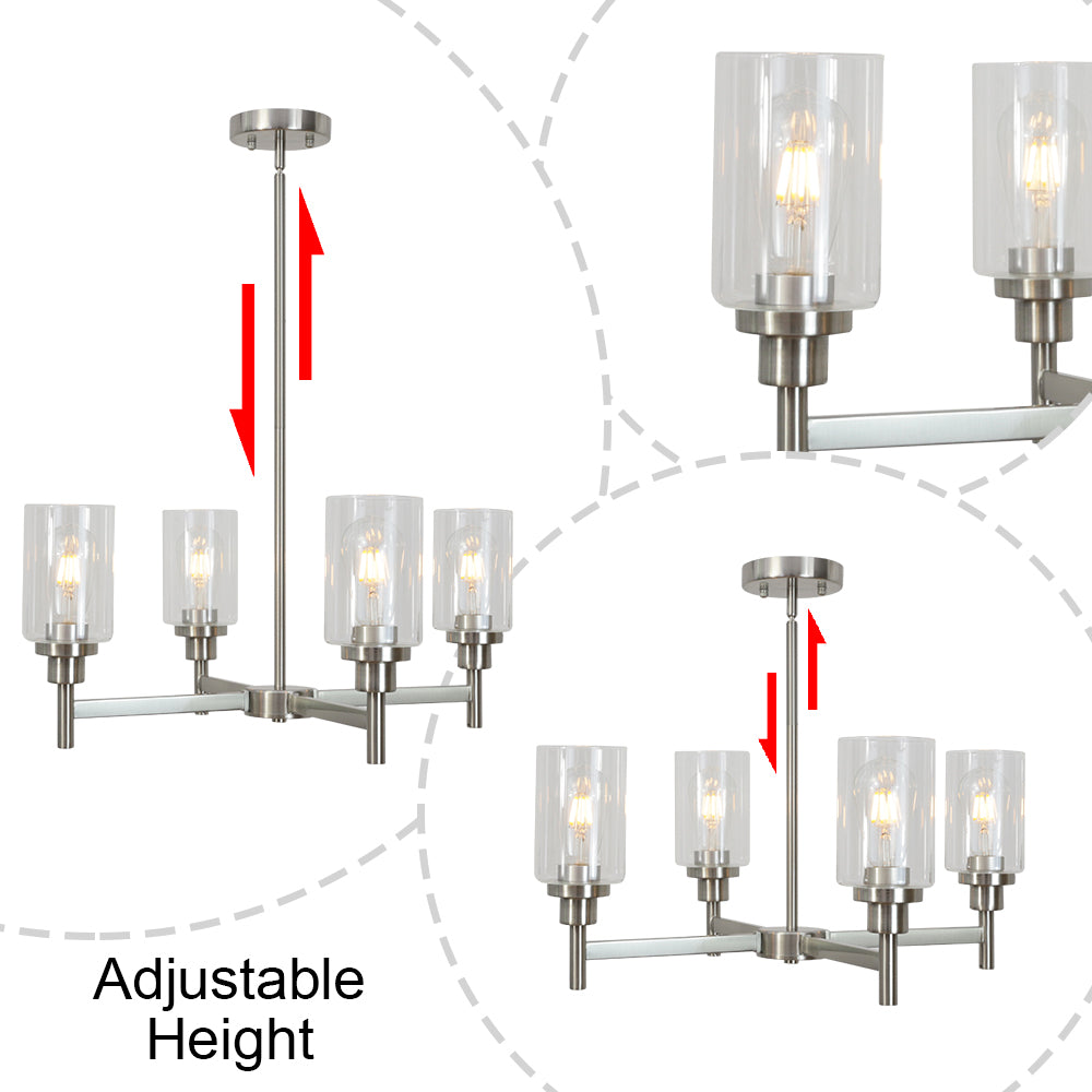 4 Light VINLUZ Modern Chandelier Brushed Nickel Clear Glass Shades