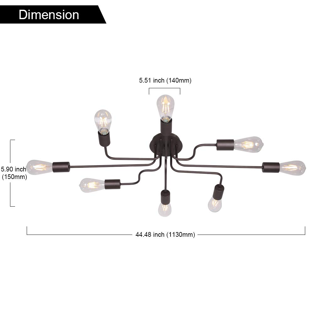 VINLUZ 8 Lights Sputnik Chandelier Black Semi Flush Mount Ceiling Light