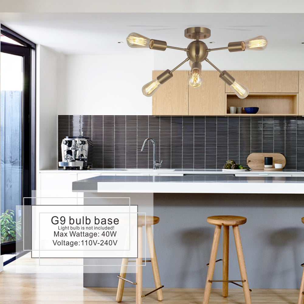 VINLUZ Sputnik Chandelier Lighting 6 Lights Brass Modern Ceiling Light