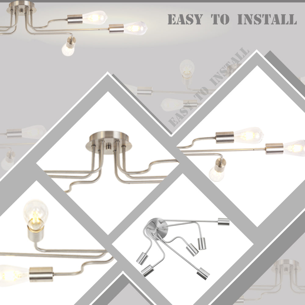 VINLUZ 6 Lights Semi Flush Mount Ceiling Light Vintage Metal Brushed Nickel