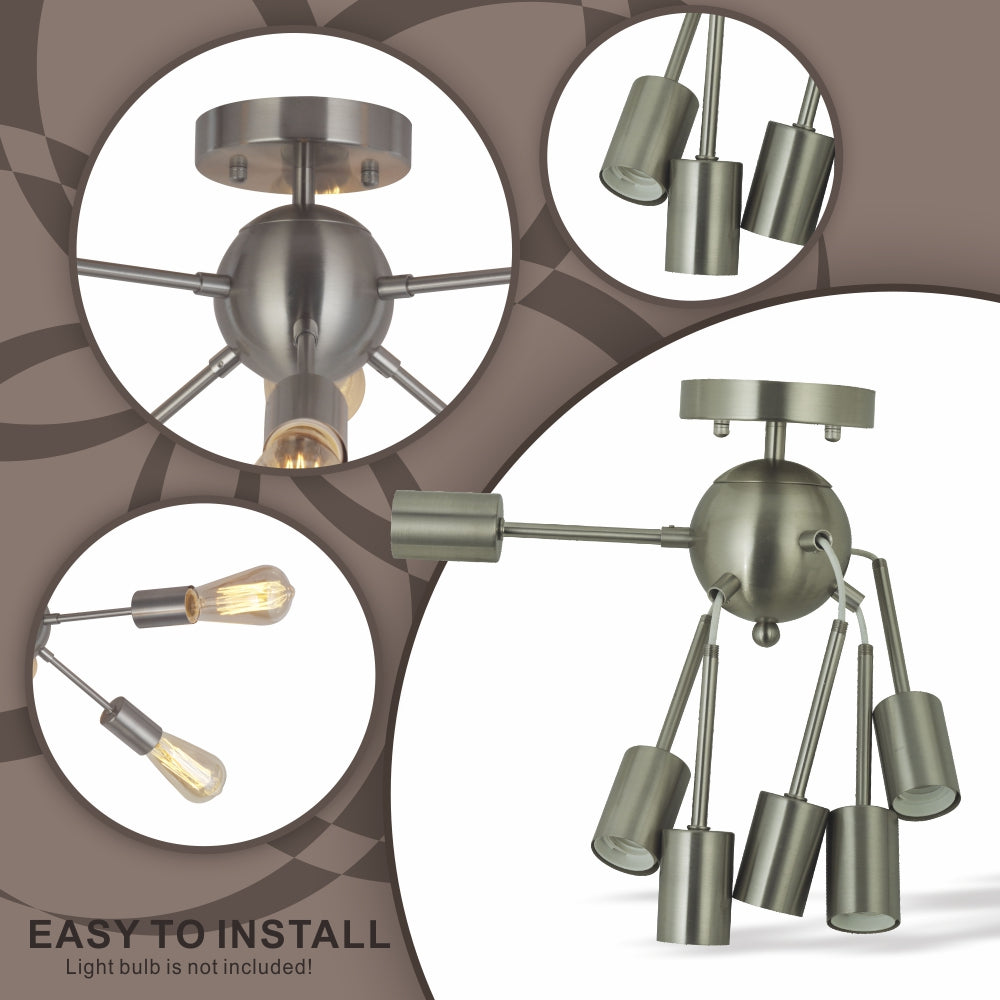 VINLUZ 6 Light Modern Sputnik Ceiling Light Brushed Nickel