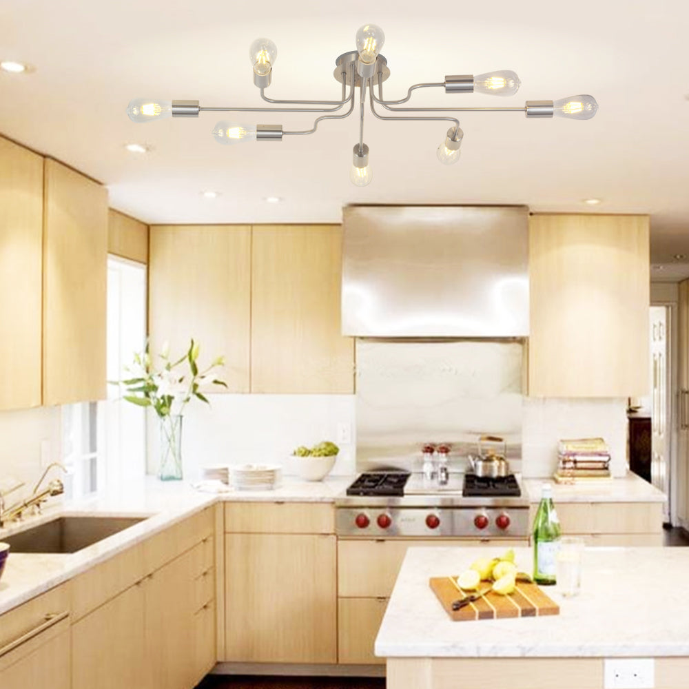 VINLUZ 8 Light Brushed Nickel Sputnik Semi Flush Mount Ceiling Light
