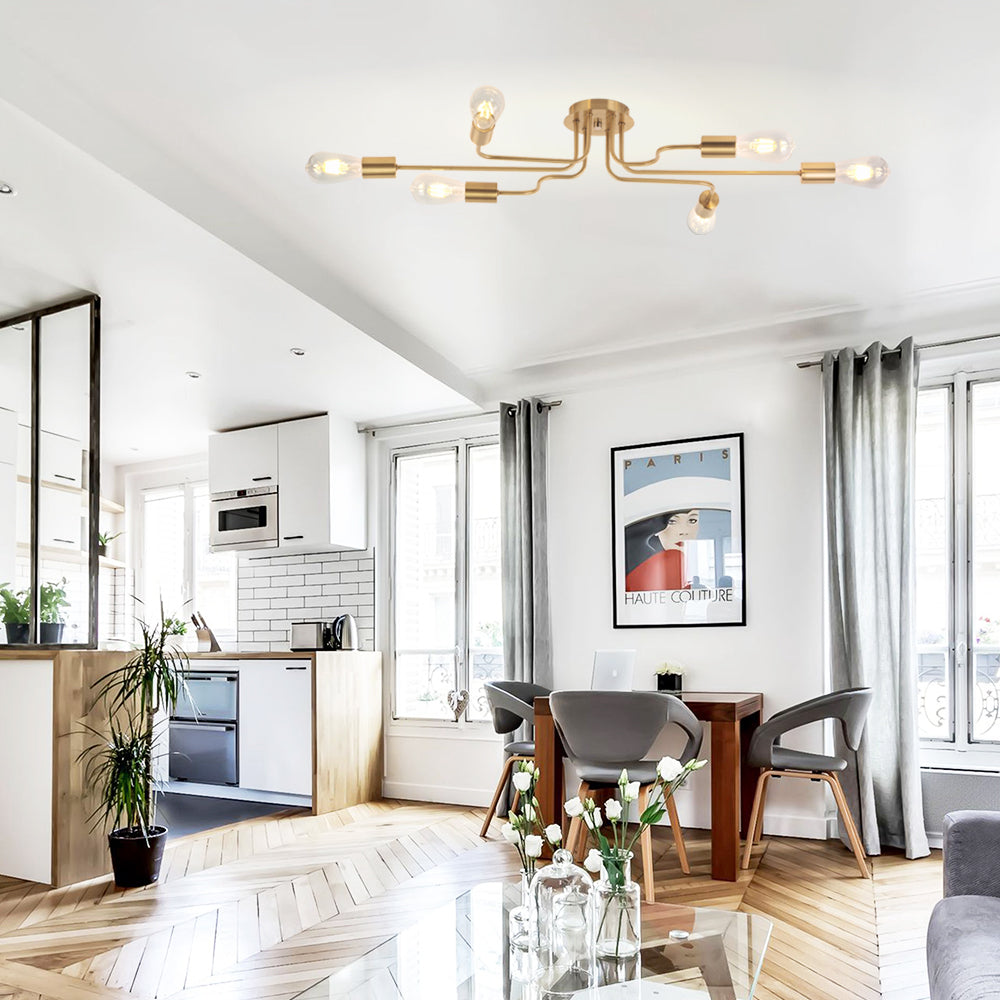 VINLUZ 6 Lights Semi Flush Mount Ceiling Light Modern Metal Art Brushed Brass