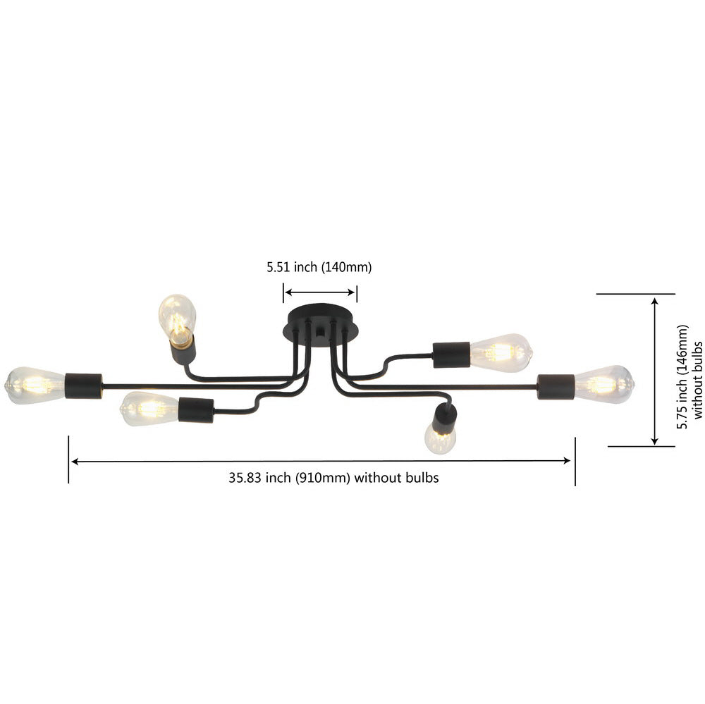 VINLUZ 6 Lights Semi Flush Mount Ceiling Light Modern Metal Art  Black