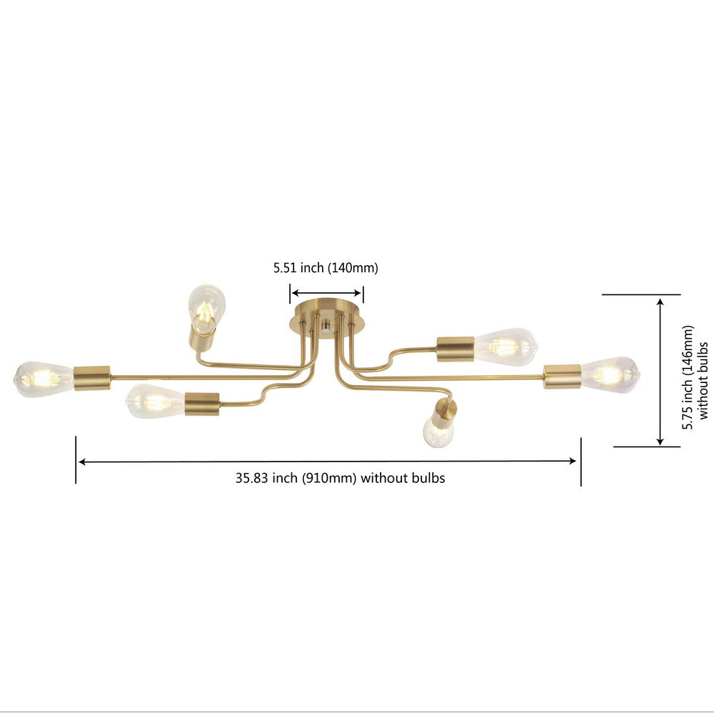 VINLUZ 6 Lights Semi Flush Mount Ceiling Light Modern Metal Art Brushed Brass