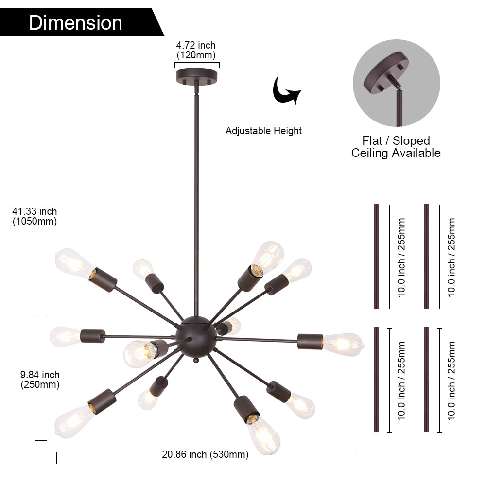 VINLUZ Modern Sputnik Chandelier Lighting VINLUZ 12 Light Oil-Rubbed Bronze