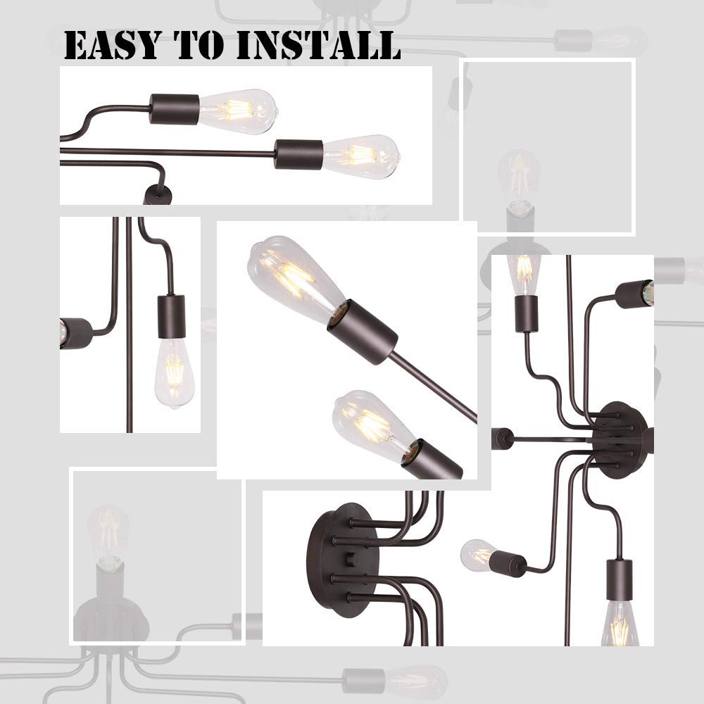 VINLUZ 8 Lights Sputnik Chandelier Black Semi Flush Mount Ceiling Light